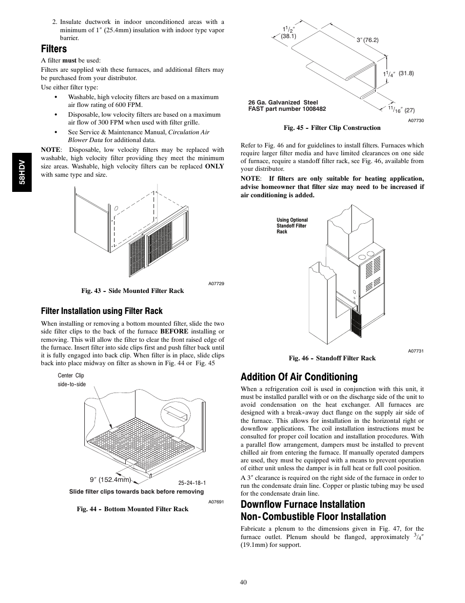 Filters, Addition of air conditioning, Filter installation using filter rack | Carrier DIRECT VENT 4 58HDV User Manual | Page 40 / 52