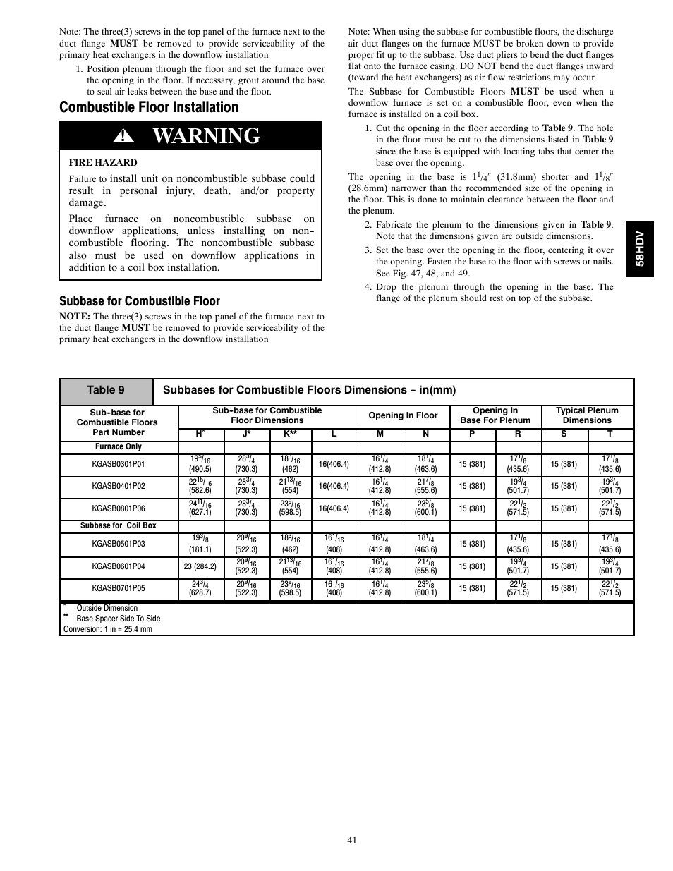 Warning, Combustible floor installation, Subbase for combustible floor | Carrier DIRECT VENT 4 58HDV User Manual | Page 41 / 52