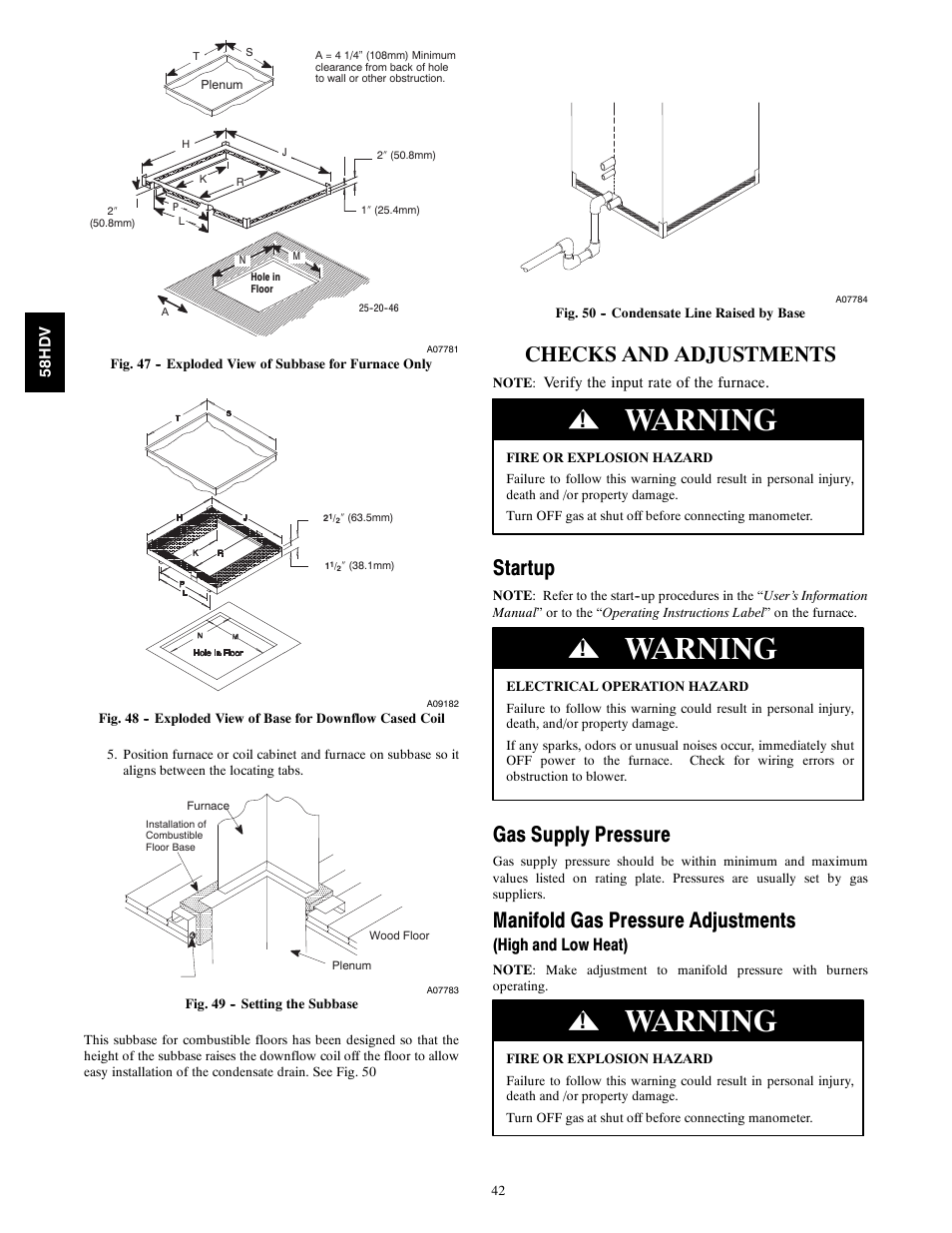 Warning, Checks and adjustments, Startup | Gas supply pressure, Manifold gas pressure adjustments, High and low heat) | Carrier DIRECT VENT 4 58HDV User Manual | Page 42 / 52
