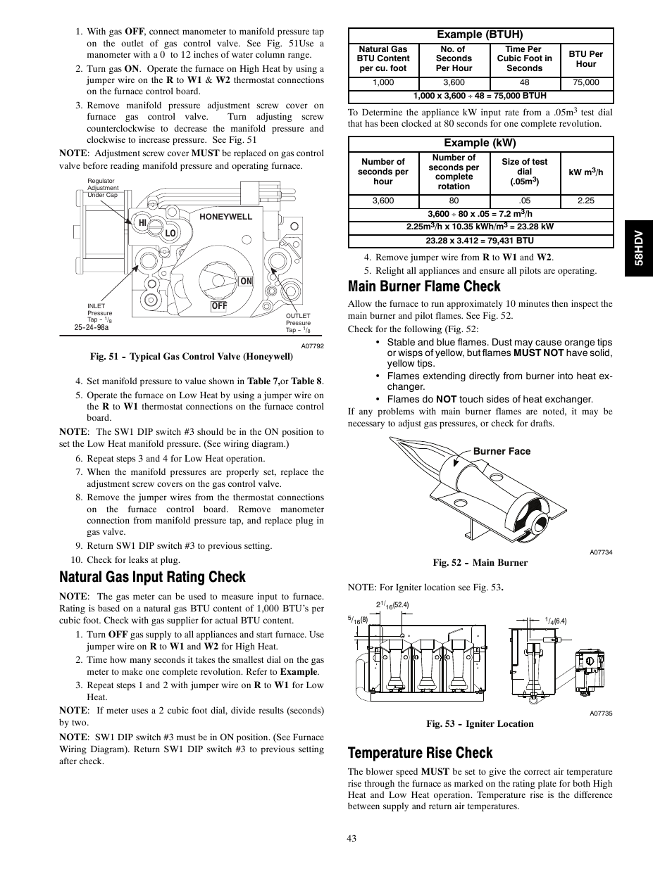 Natural gas input rating check, Main burner flame check, Temperature rise check | Carrier DIRECT VENT 4 58HDV User Manual | Page 43 / 52