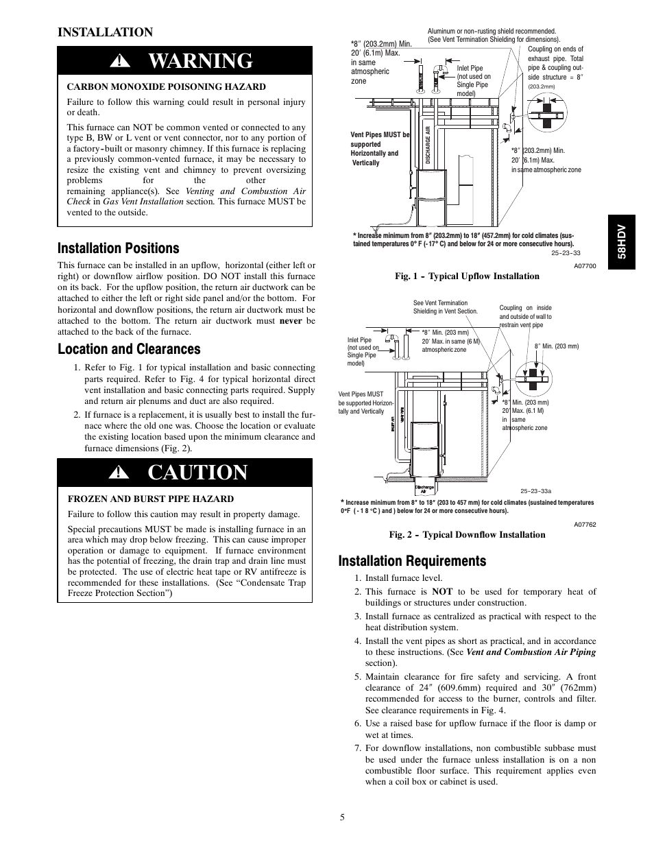 Warning, Caution, Installation positions | Location and clearances, Installation requirements, Installation | Carrier DIRECT VENT 4 58HDV User Manual | Page 5 / 52