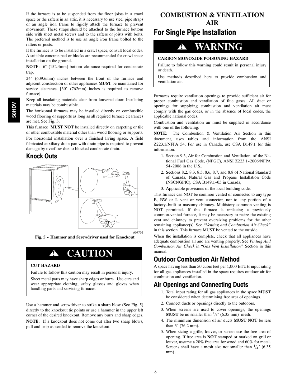 Caution, Warning, For single pipe installation | Knock outs, Combustion & ventilation air, Outdoor combustion air method, Air openings and connecting ducts | Carrier DIRECT VENT 4 58HDV User Manual | Page 8 / 52