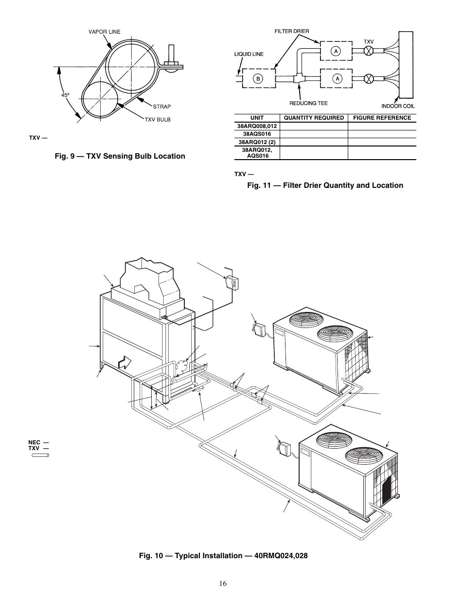 Fig. 9 — txv sensing bulb location, Fig. 11 — filter drier quantity and location | Carrier 40RMS008-034 User Manual | Page 16 / 48