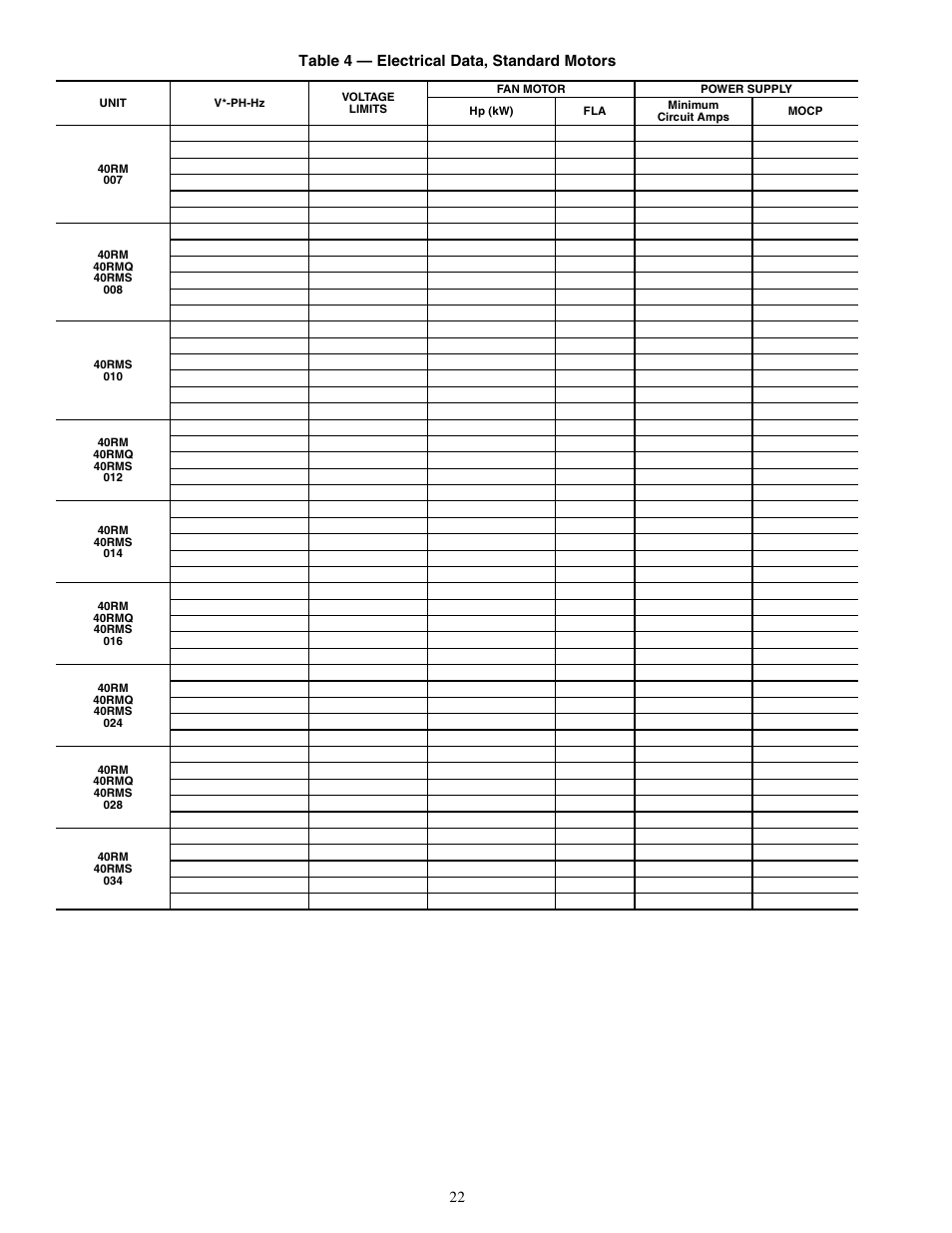 22 table 4 — electrical data, standard motors | Carrier 40RMS008-034 User Manual | Page 22 / 48