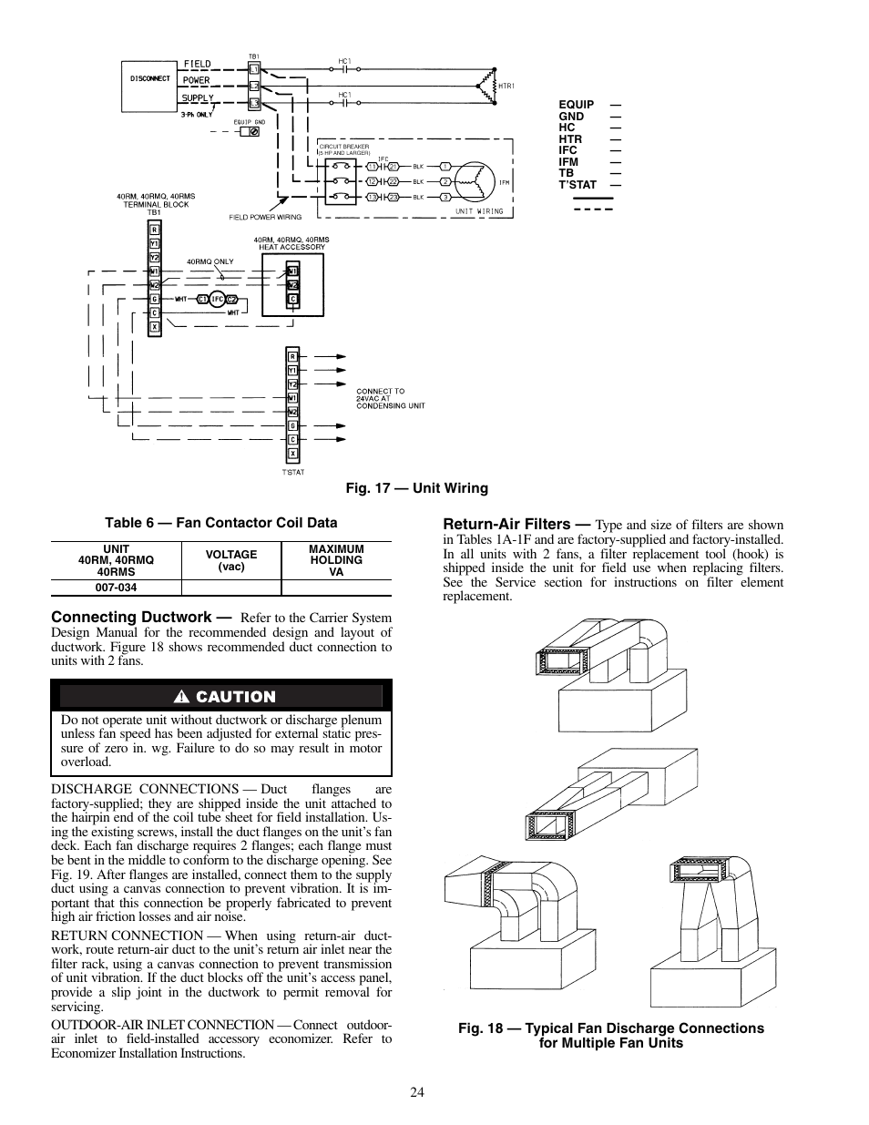 Connecting ductwork, Return-air filters | Carrier 40RMS008-034 User Manual | Page 24 / 48