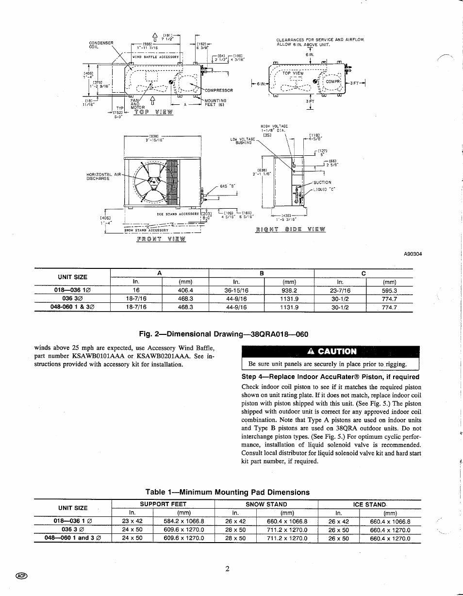 Fig. 2—dimensional drawing—38qra018—060, A caution, Table 1—minimum mounting pad dimensions | Carrier 38QRA User Manual | Page 2 / 8