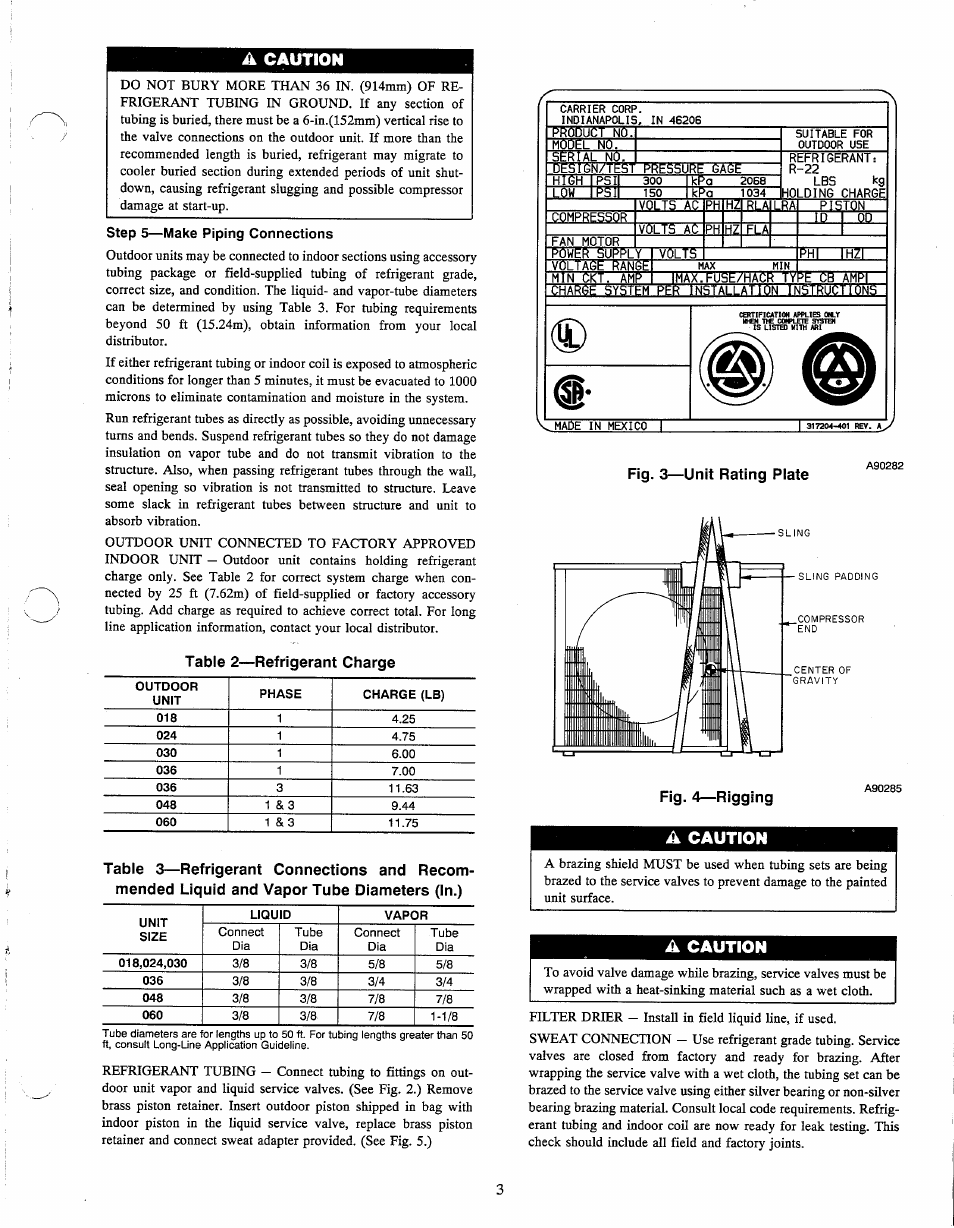 Fig. 3—unit rating piate, A caution, Imax■ fu5e/hasr tyre'';cb; ahpt pi 5 t 0 n | 7i per i, Chw v made in mexico | Carrier 38QRA User Manual | Page 3 / 8