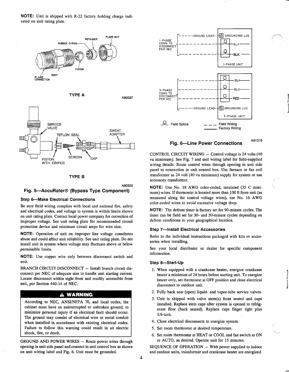 Type a, Type b, Fig. 5—accurater® (bypass type component) | Step 6—make electrical connections, Step 7—install electrical accessories, Step 8—start-up, A warning | Carrier 38QRA User Manual | Page 4 / 8