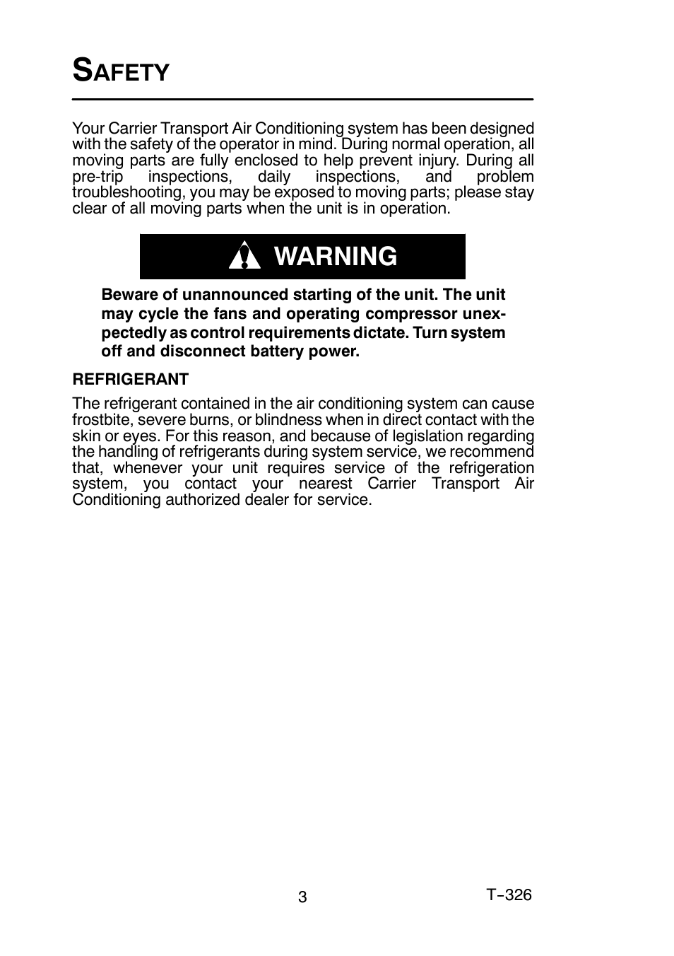 Warning, Afety | Carrier T-326 User Manual | Page 5 / 19
