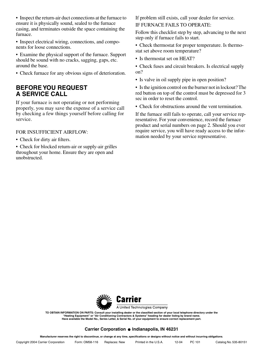 Before you request a service call | Carrier 58VLR User Manual | Page 8 / 8