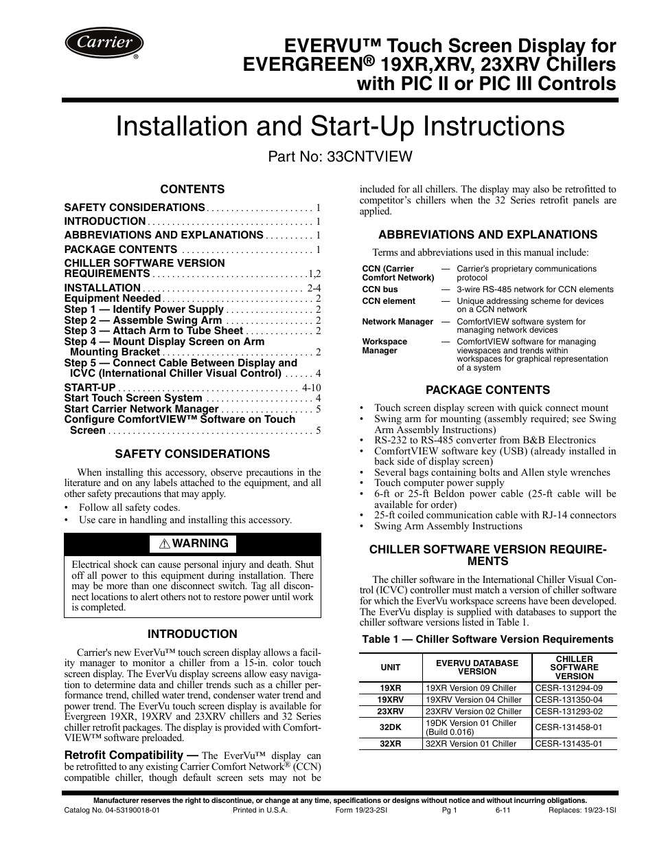 Carrier EVERGREEN 19XR User Manual | 12 pages