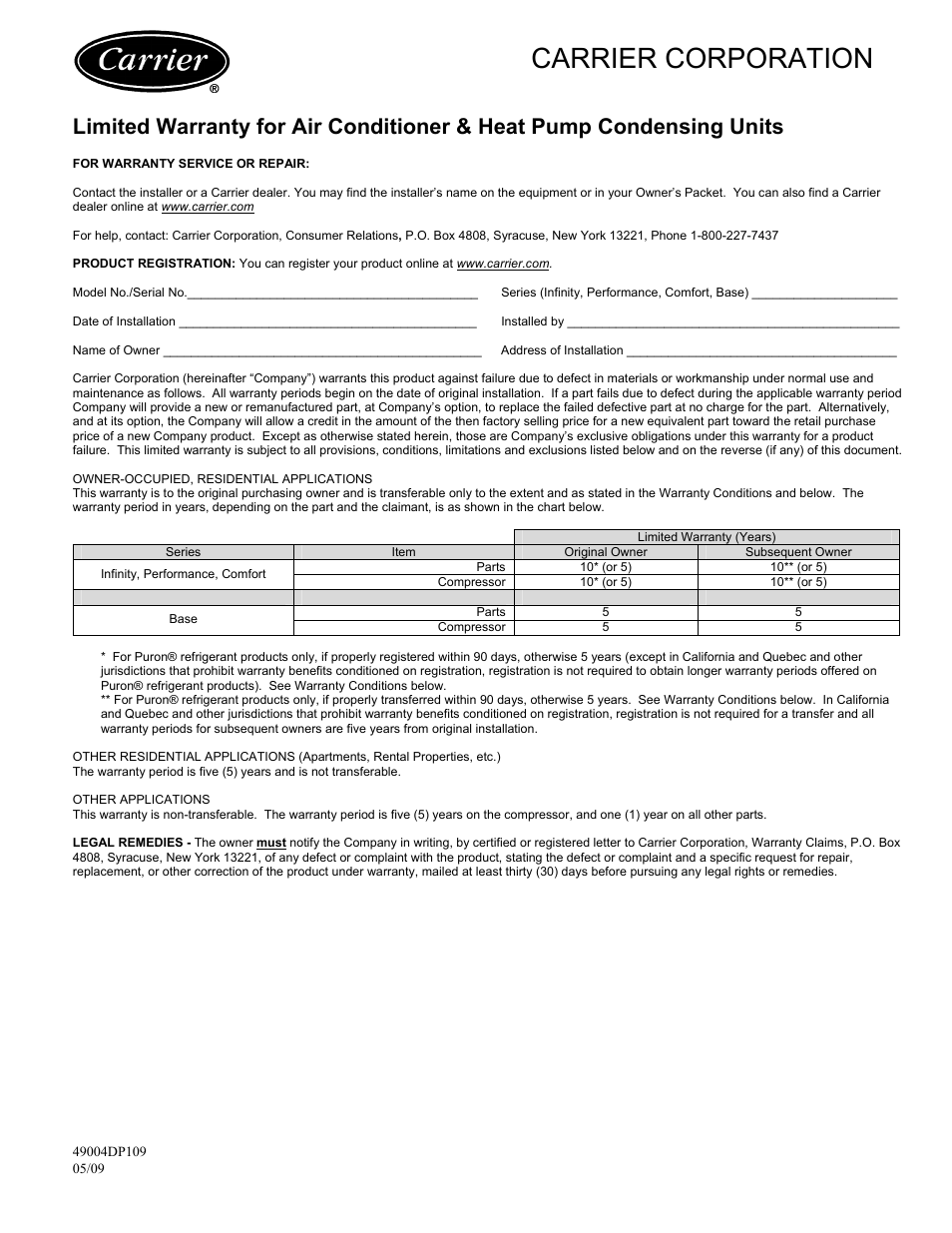 Carrier 49004DP109 User Manual | 2 pages