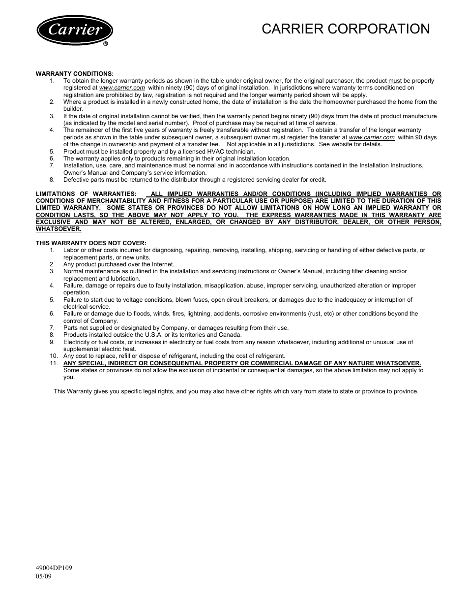Carrier corporation | Carrier 49004DP109 User Manual | Page 2 / 2