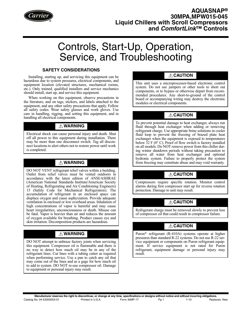 Carrier AQUASNAP MPW015-045 User Manual | 80 pages