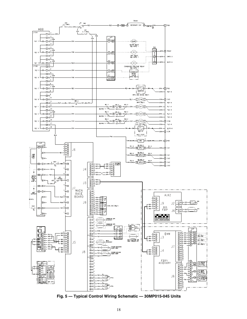 J2 j6, Main base board, Aux2 | Fiop, Accessory | Carrier AQUASNAP MPW015-045 User Manual | Page 18 / 80
