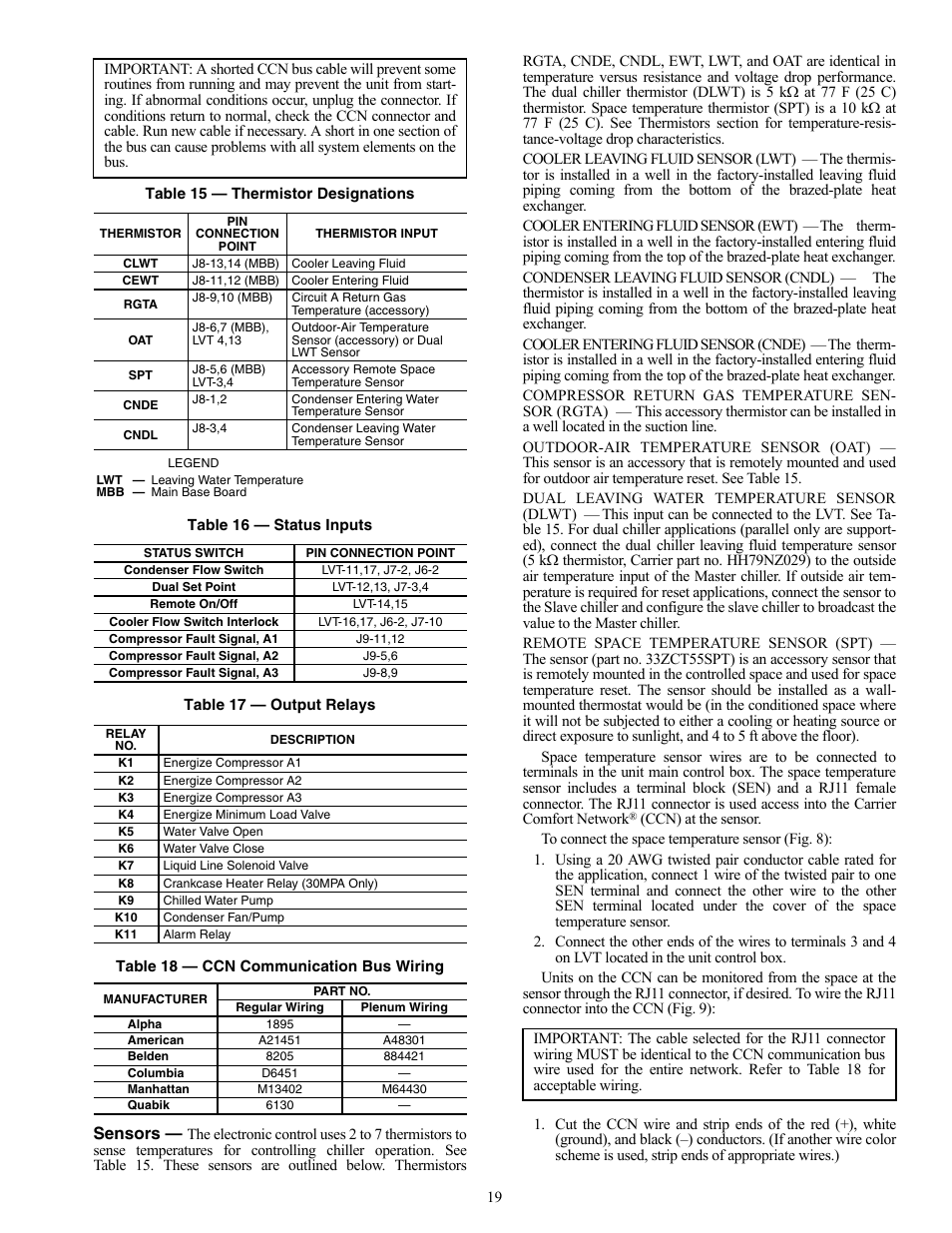 Sensors | Carrier AQUASNAP MPW015-045 User Manual | Page 19 / 80