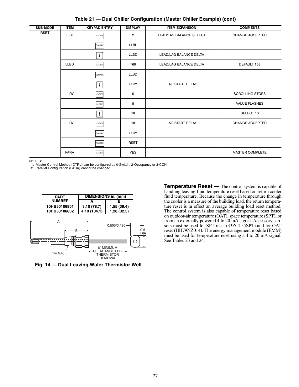 Temperature reset, Fig. 14 — dual leaving water thermistor well | Carrier AQUASNAP MPW015-045 User Manual | Page 27 / 80