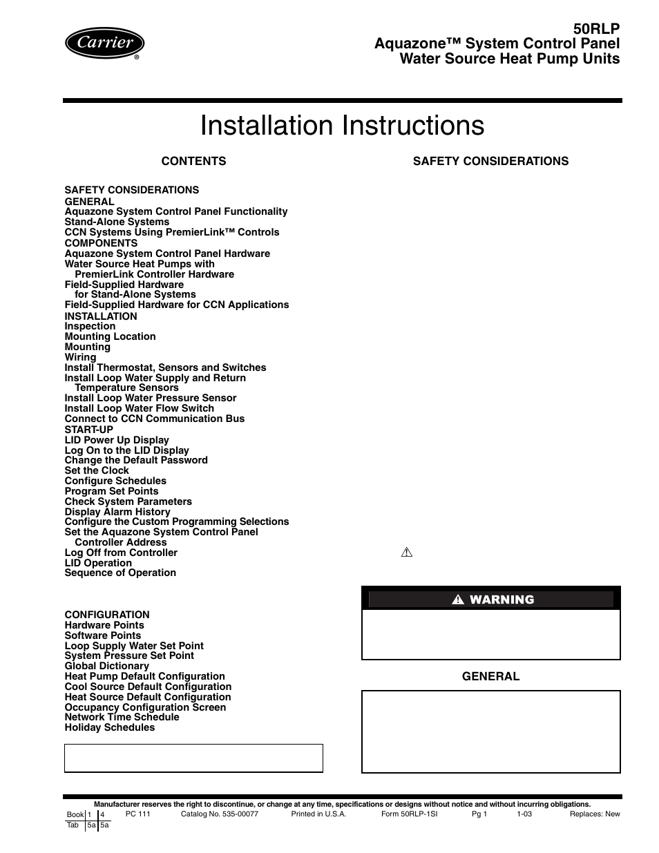 Carrier AQUAZONE 50RLP User Manual | 28 pages