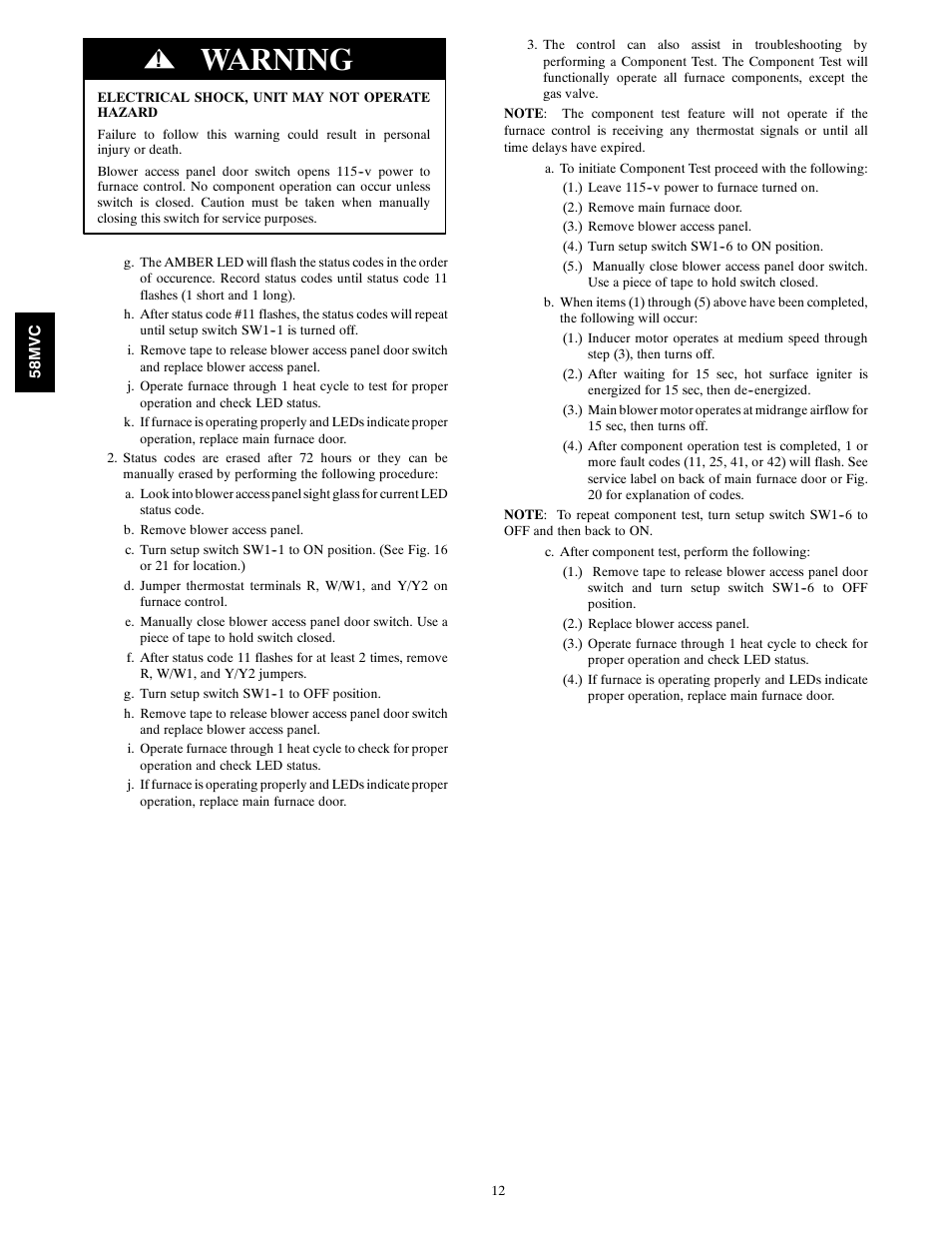 Warning | Carrier IDEALCOMFORT 58MVC User Manual | Page 12 / 20