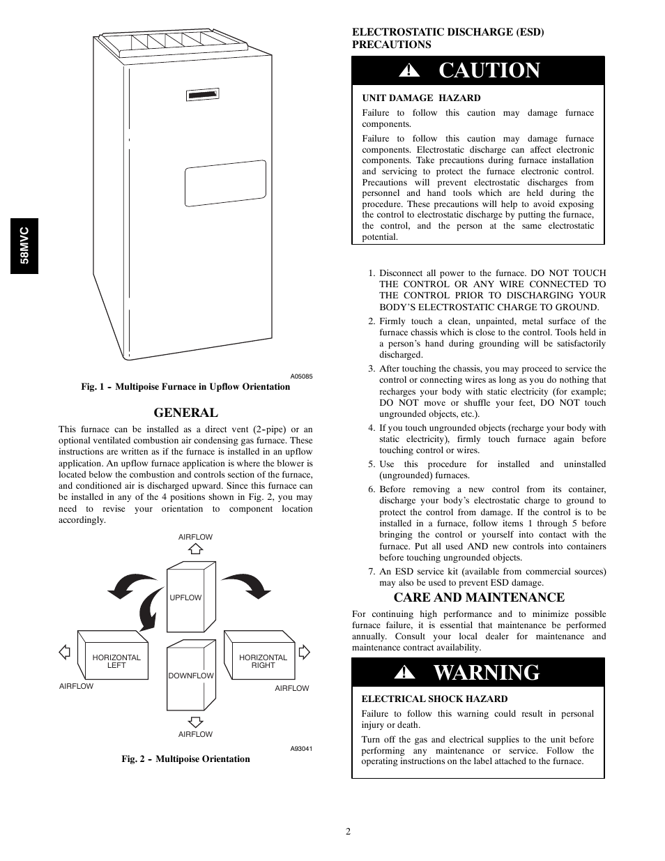 Caution, Warning, General | Care and maintenance | Carrier IDEALCOMFORT 58MVC User Manual | Page 2 / 20