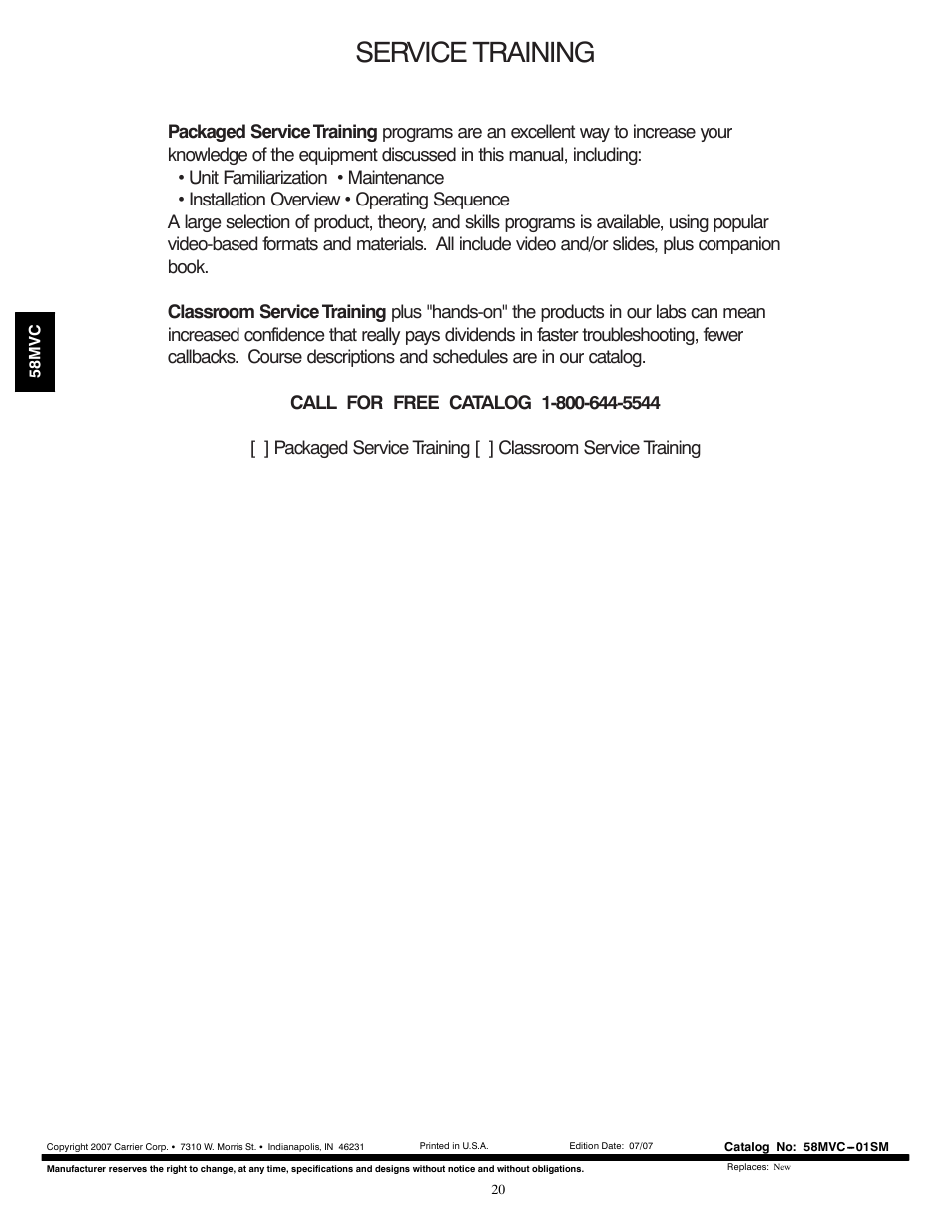 Service training | Carrier IDEALCOMFORT 58MVC User Manual | Page 20 / 20