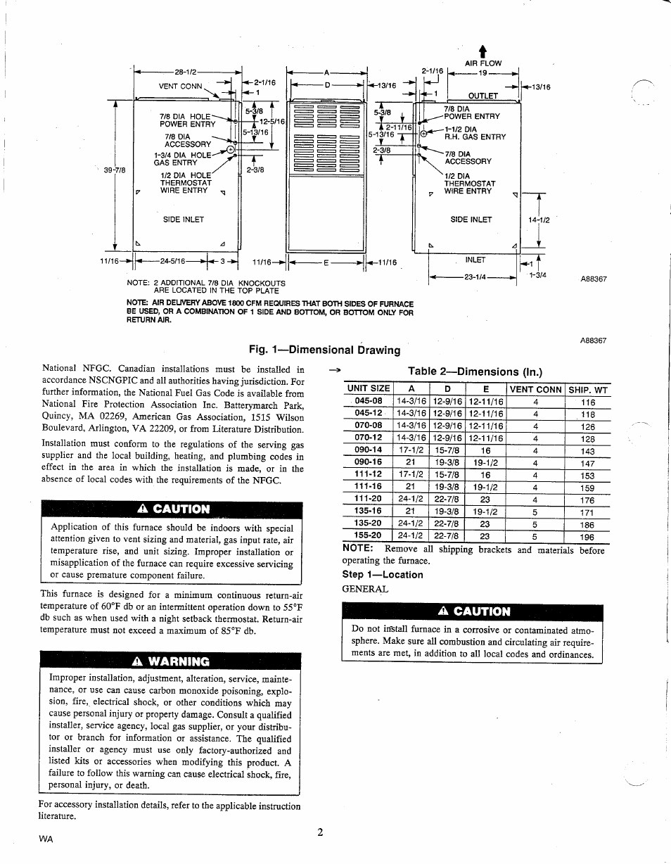 Fig. 1—dimensional drawing, A caution, A warning | Caution, Warning | Carrier 58PAV User Manual | Page 2 / 14