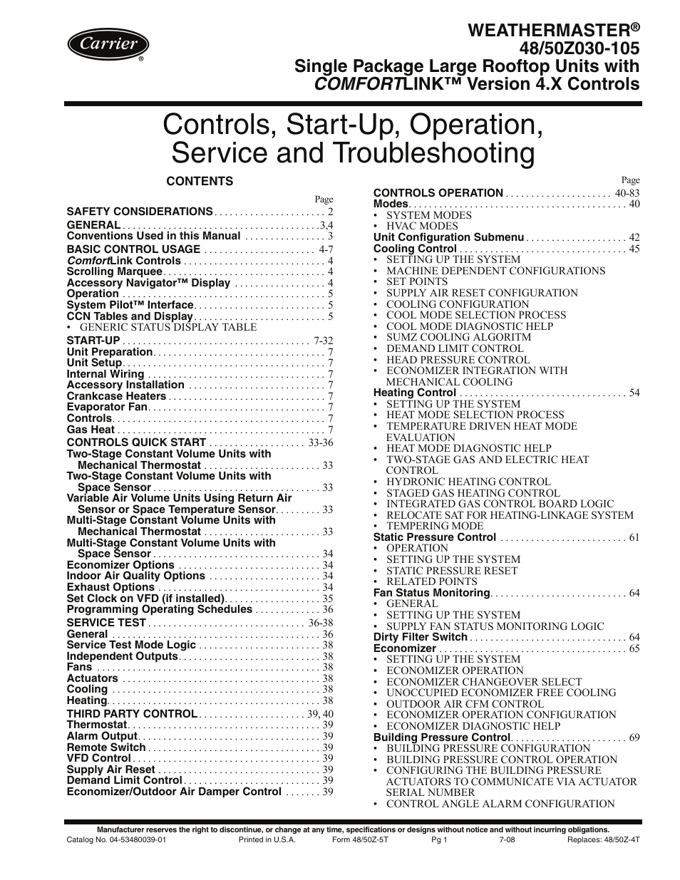 Carrier WEATHERMASTER 48/50Z030-105 User Manual | 180 pages
