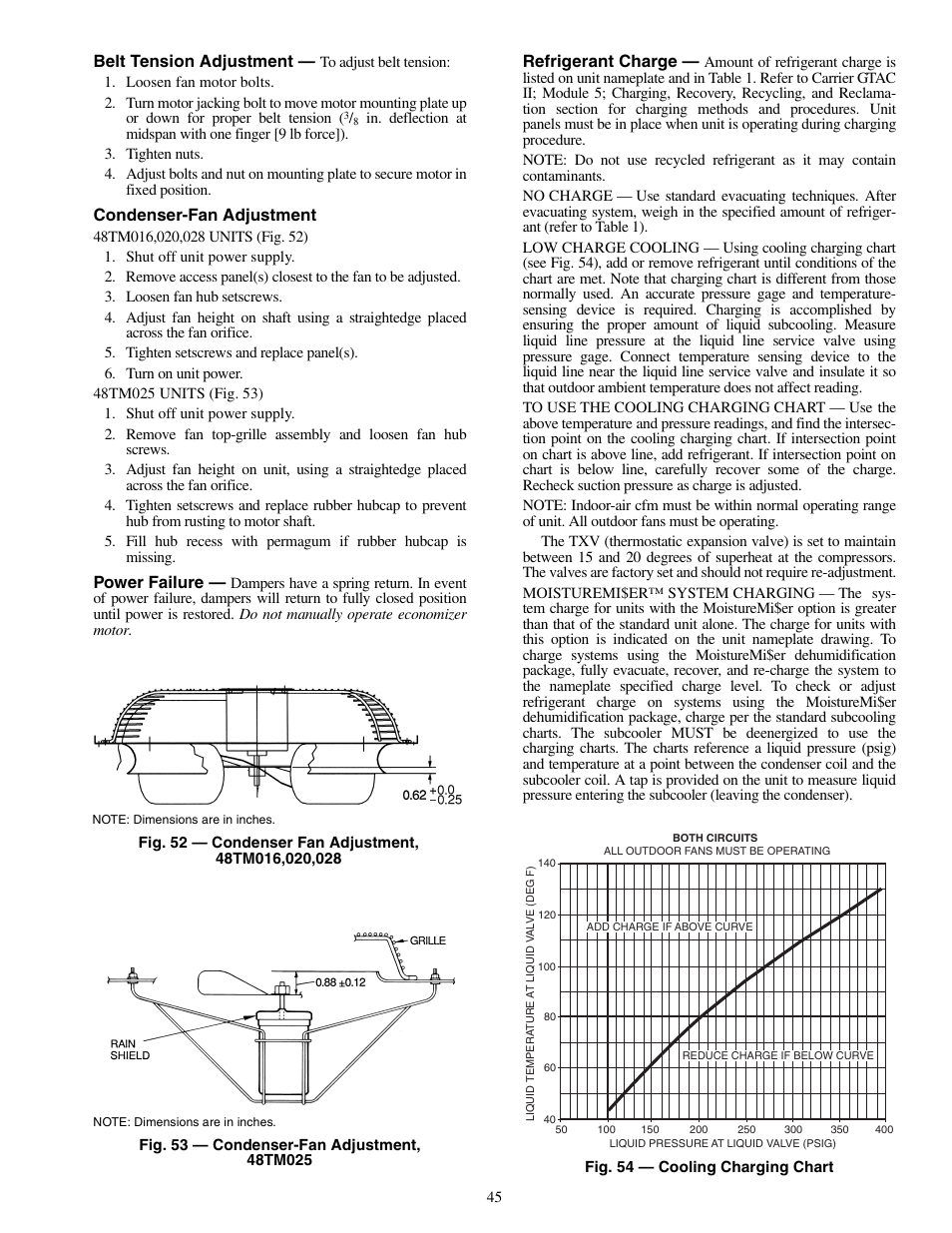 Belt tension adjustment, Condenser-fan adjustment, Power failure | Refrigerant charge | Carrier 48TM016-028 User Manual | Page 45 / 60