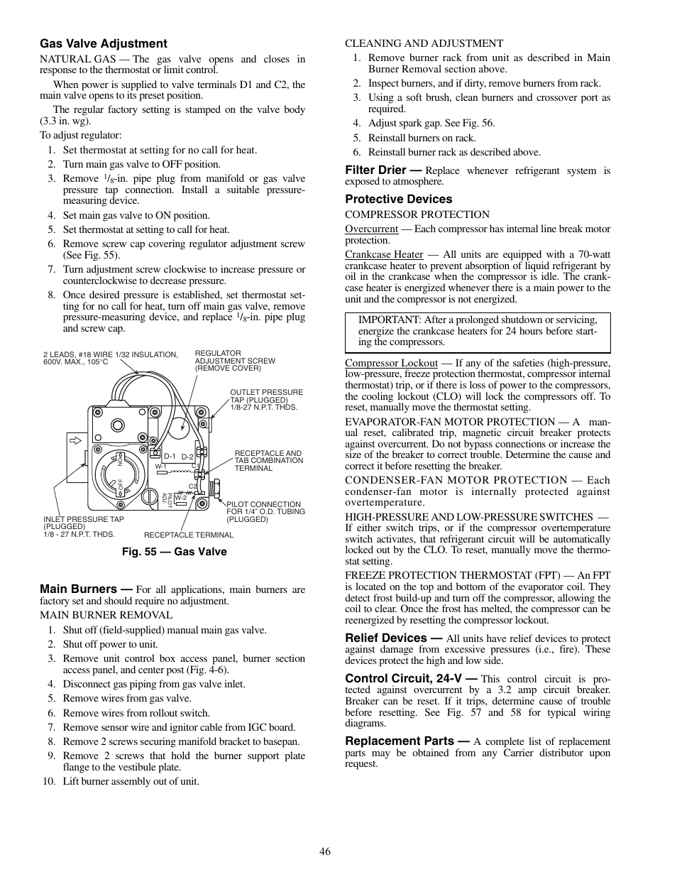 Gas valve adjustment, Main burners, Filter drier | Protective devices, Relief devices, Control circuit, 24-v, Replacement parts | Carrier 48TM016-028 User Manual | Page 46 / 60