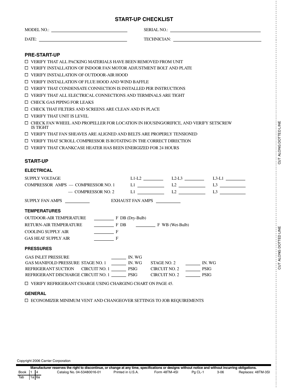 Start-up checklist | Carrier 48TM016-028 User Manual | Page 60 / 60