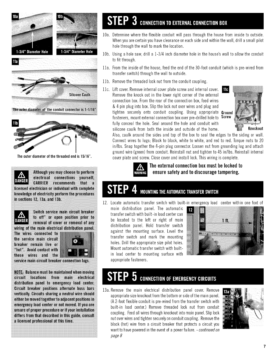 Step 3, Connection to external connection box, Step 4 | Mounting the automatic transfer switch, Steps, Connection of emergency circuits, Misi, Continued on page 8 | Carrier ASPB07-1SI User Manual | Page 7 / 8