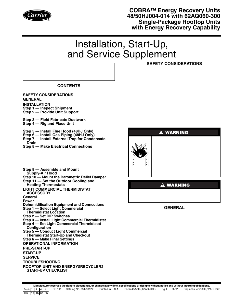 Carrier COBRA 48/50HJ004-014 User Manual | 44 pages