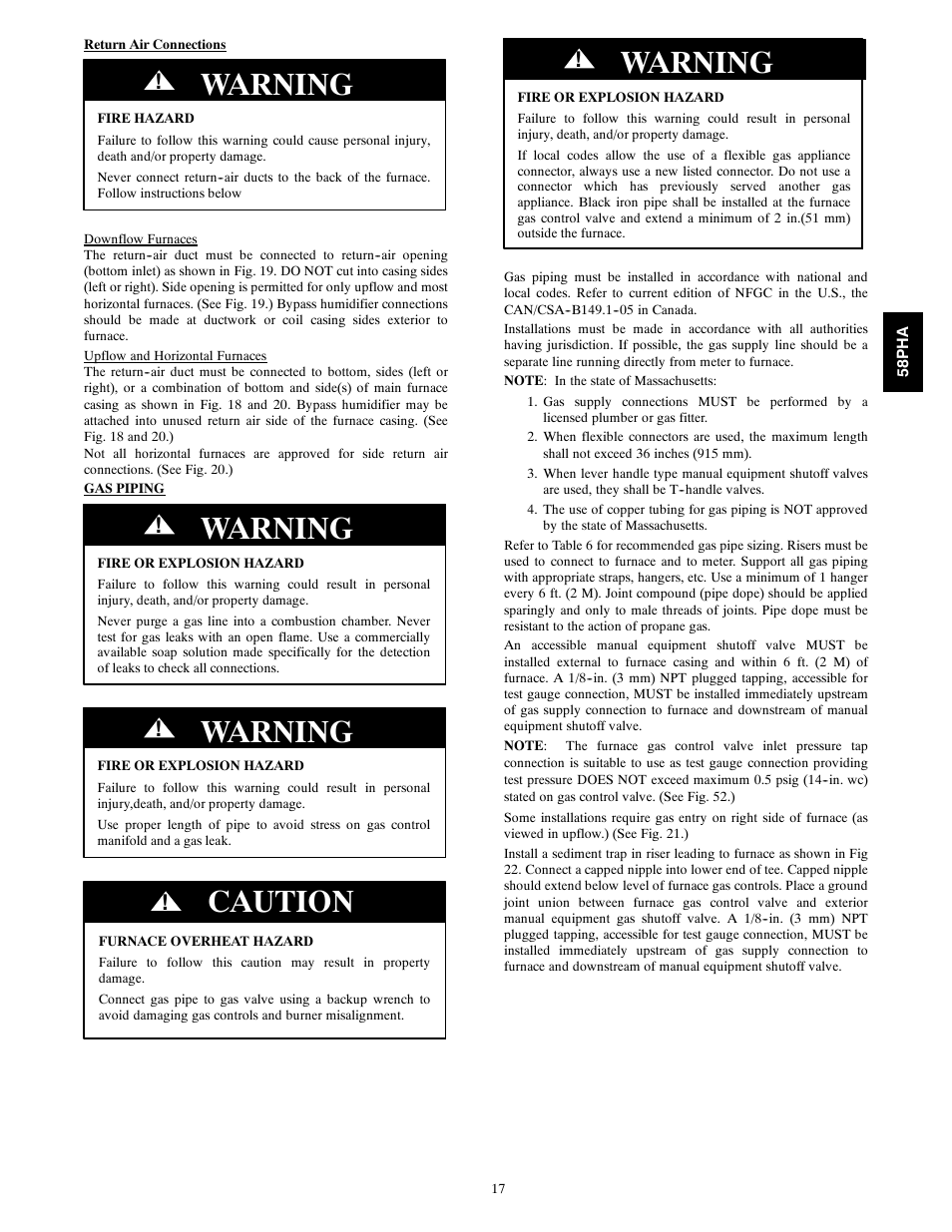 Warning, Caution | Carrier 58PHA/PHX User Manual | Page 17 / 54