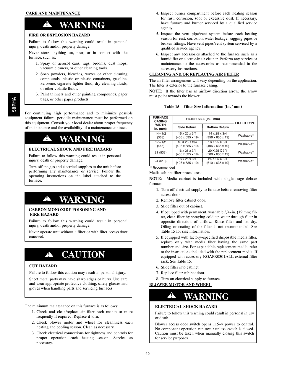 Warning, Caution | Carrier 58PHA/PHX User Manual | Page 46 / 54