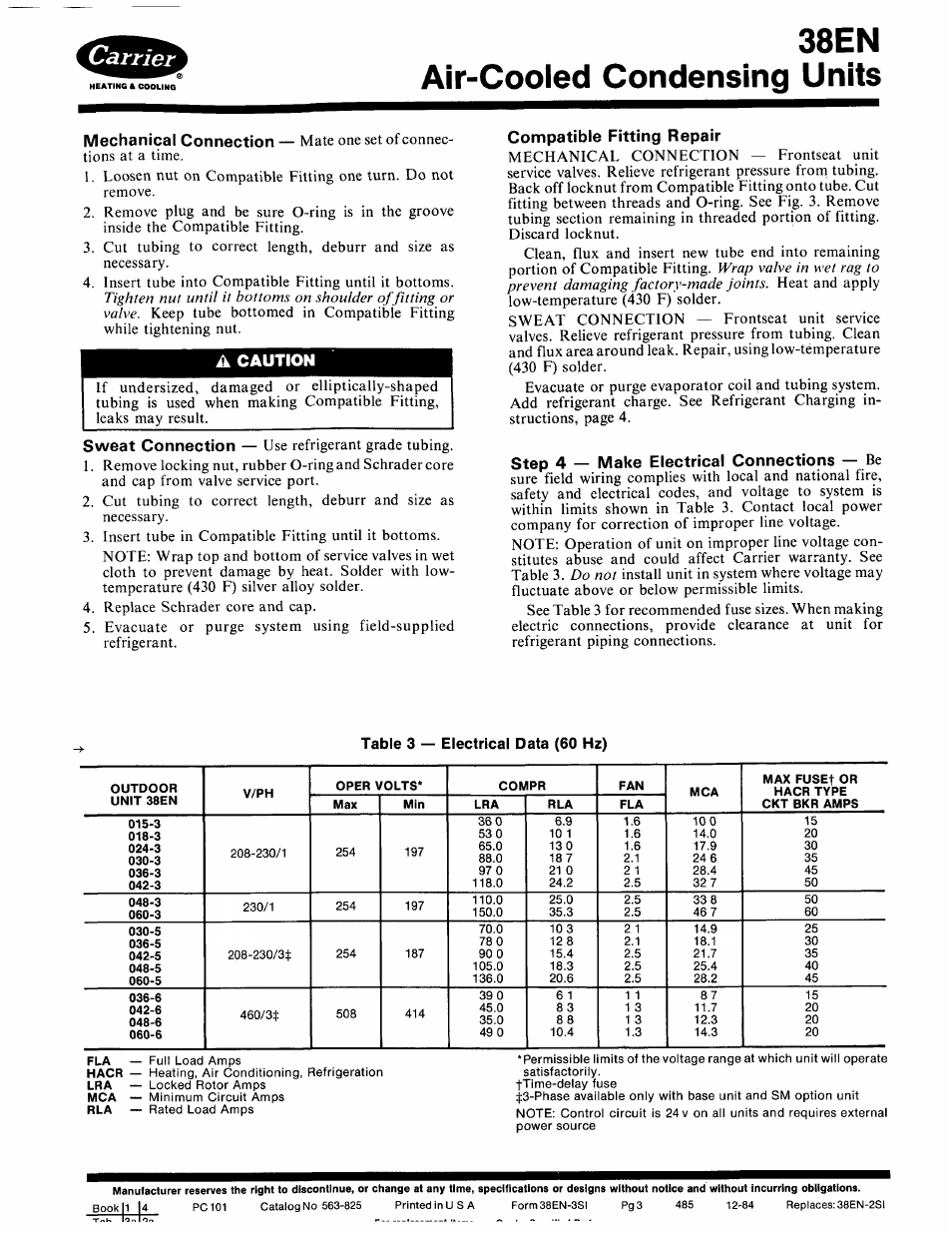 A caution, Compatible fitting repair, Step 4 — make electrical connections — be | 38en air-cooled condensing units | Carrier 38EN User Manual | Page 3 / 6