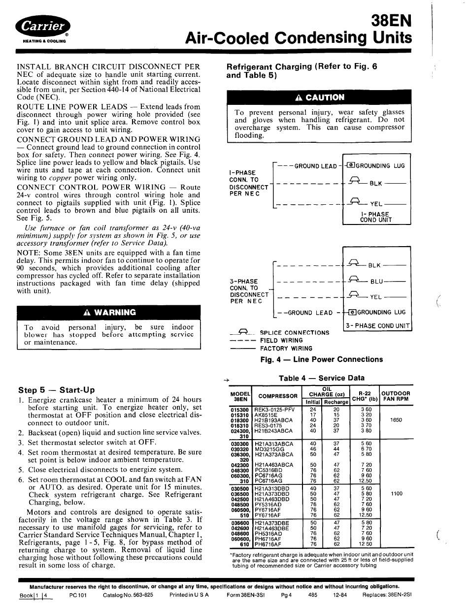 A warning, Refrigerant charging (refer to fig. 6 and table 5), A caution | Step 5 — start-up, 38en air-cooled condensing units | Carrier 38EN User Manual | Page 4 / 6