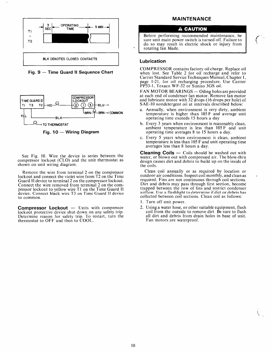 Fig. 9 — time guard ii sequence chart, Fig. 10 — wiring diagram, Maintenance | A caution, Lubrication | Carrier 38HD User Manual | Page 10 / 12