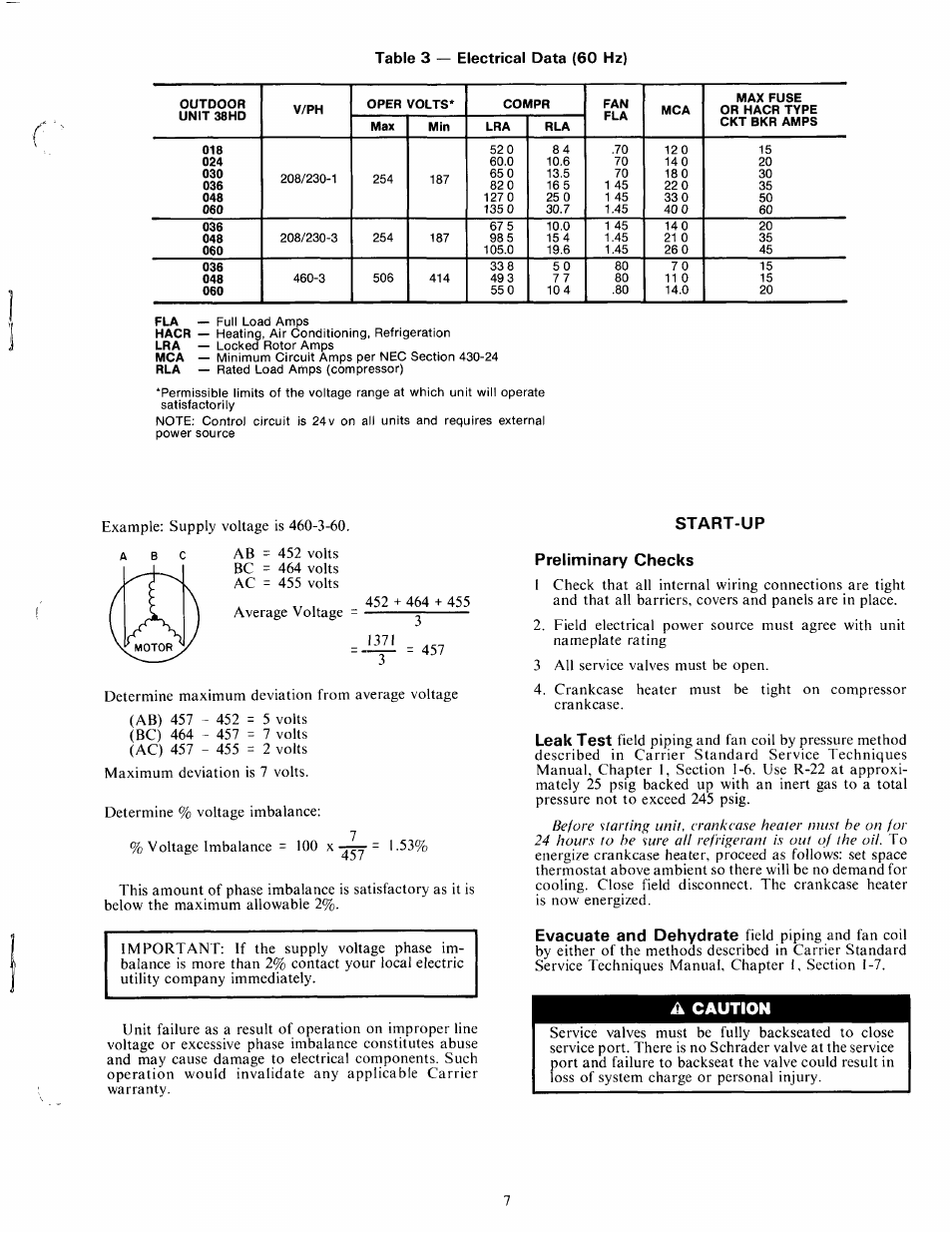 Start-up, Preliminary checks, A caution | Carrier 38HD User Manual | Page 7 / 12