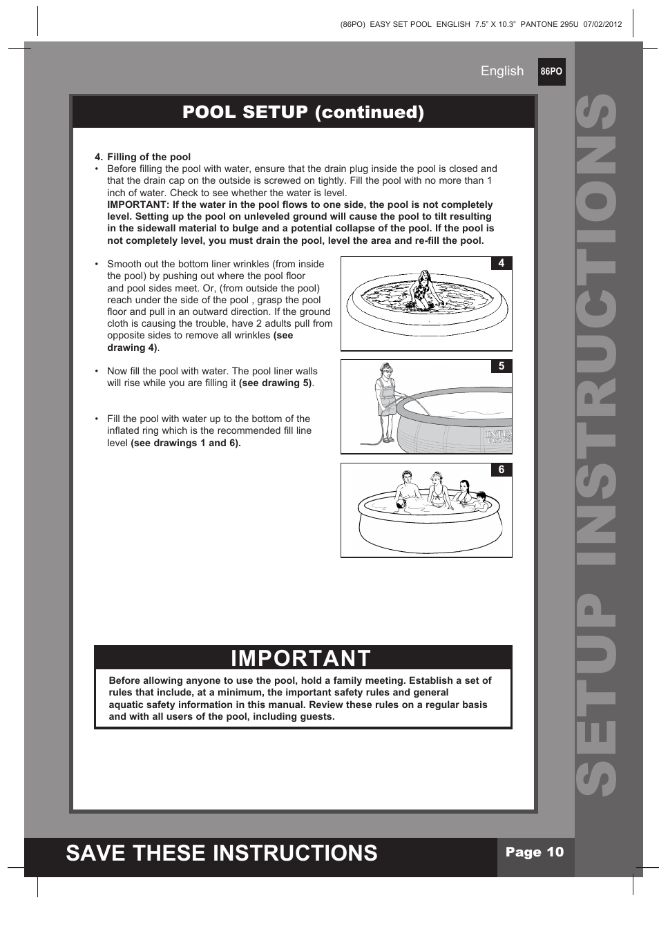 Setup instructions, S ave these instructions, Important | Pool setup (continued) | Intex 12 FT X 30 IN EASY SET POOL 2013 User Manual | Page 10 / 15