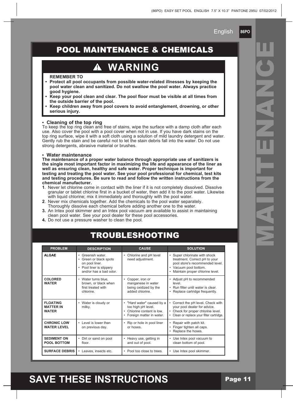 Maintenance, S ave these instructions, Warning | Pool maintenance & chemicals, Troubleshooting, Page 11 english | Intex 12 FT X 30 IN EASY SET POOL 2013 User Manual | Page 11 / 15