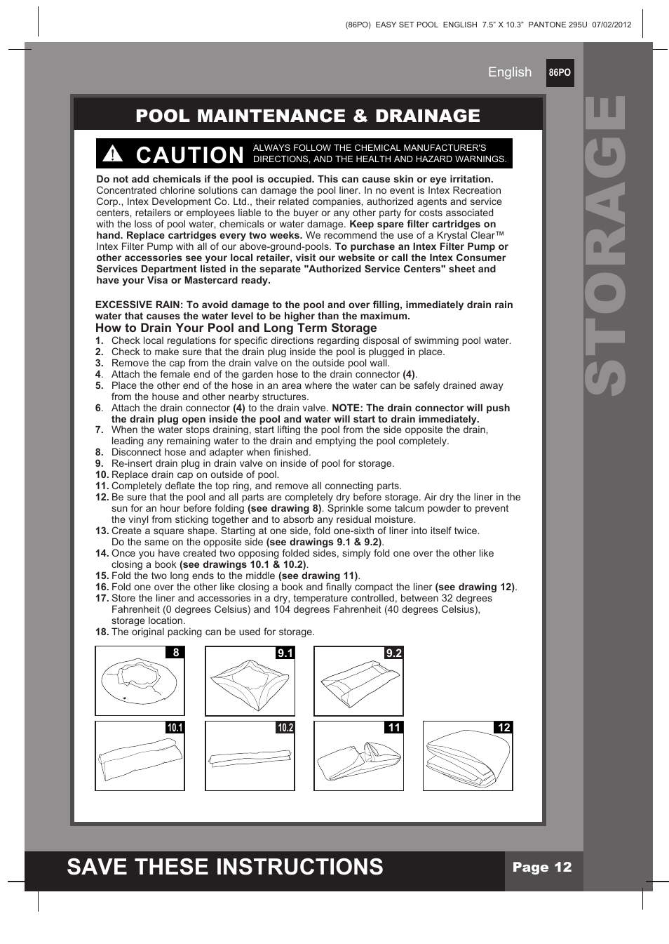 Storage, S ave these instructions, Caution | Pool maintenance & drainage | Intex 12 FT X 30 IN EASY SET POOL 2013 User Manual | Page 12 / 15