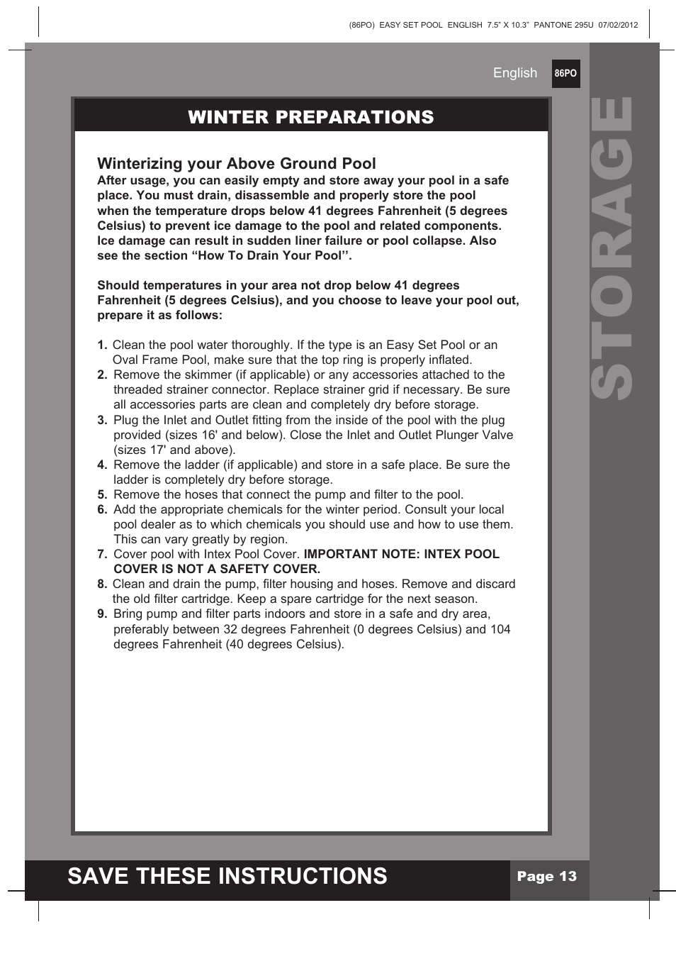 Storage, S ave these instructions, Winter preparations | Intex 12 FT X 30 IN EASY SET POOL 2013 User Manual | Page 13 / 15