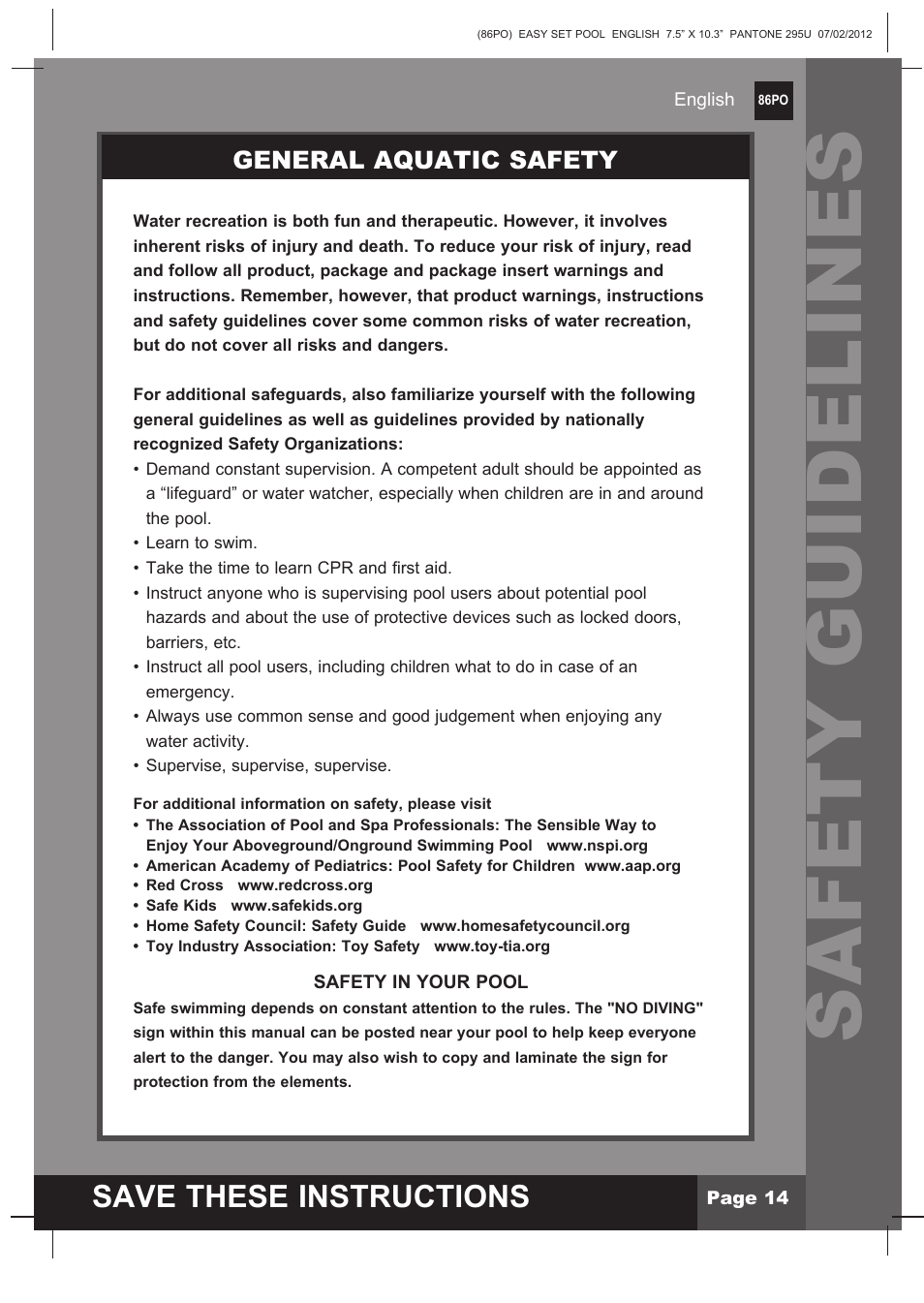 Safety guidelines, S ave these instructions | Intex 12 FT X 30 IN EASY SET POOL 2013 User Manual | Page 14 / 15