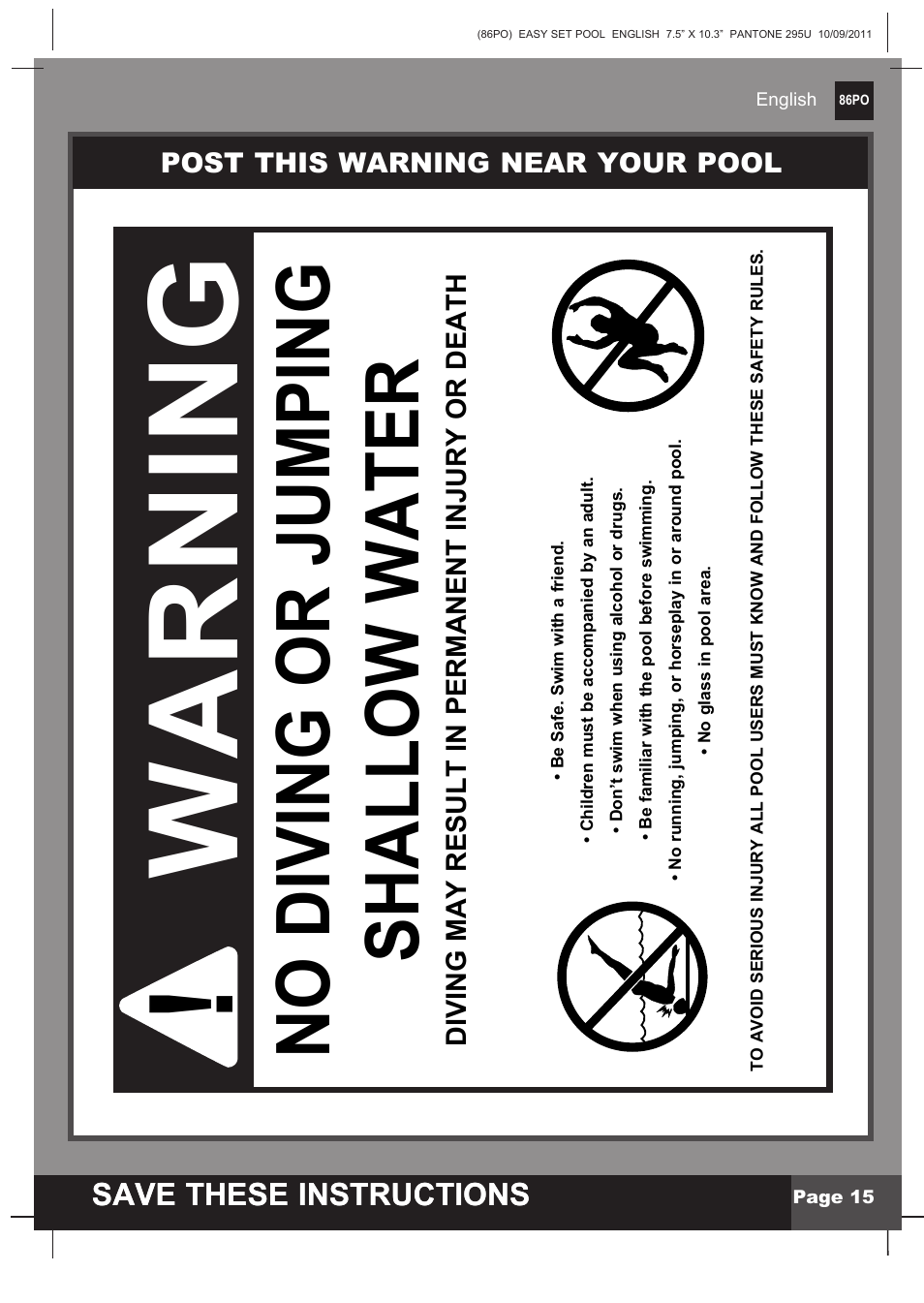 Warning, No diving or jumping shallow water, Save these instructions | Intex 12 FT X 30 IN EASY SET POOL 2013 User Manual | Page 15 / 15