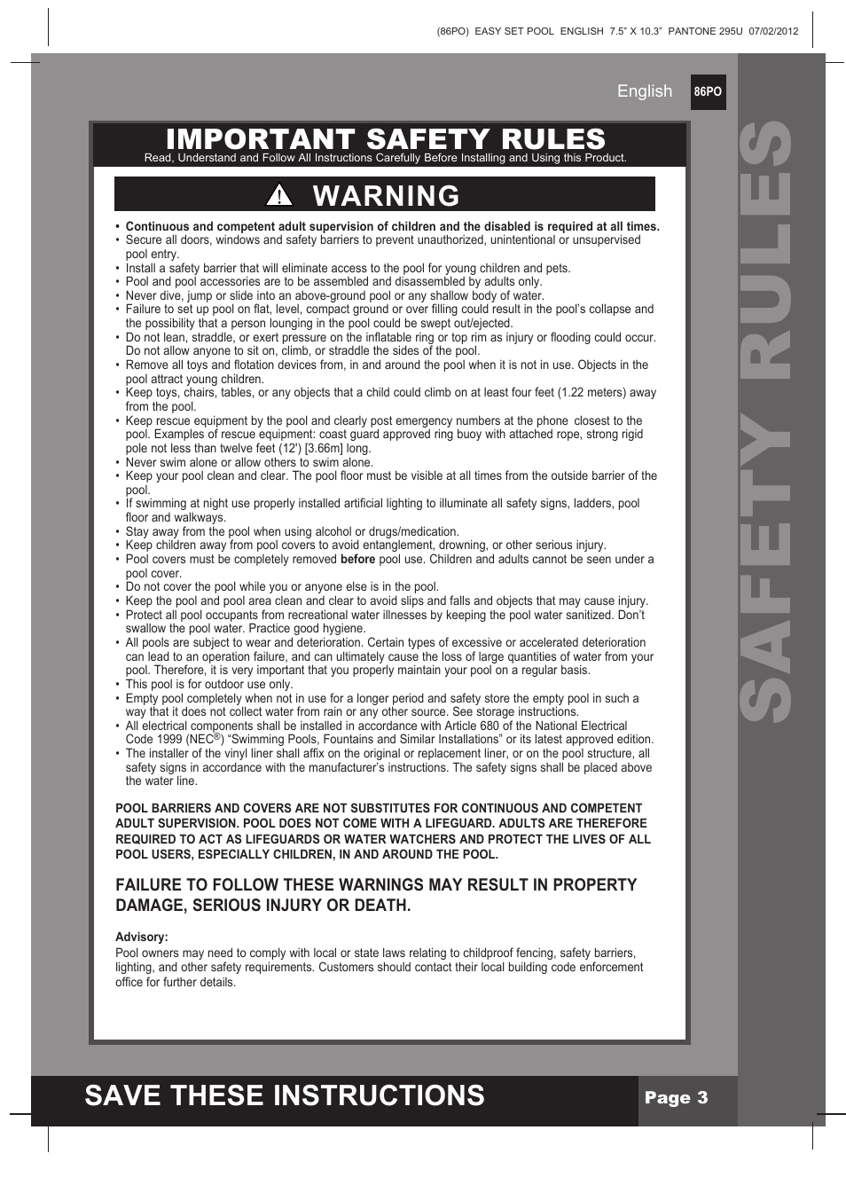 Safety rules, S ave these instructions, Important safety rules | Warning | Intex 12 FT X 30 IN EASY SET POOL 2013 User Manual | Page 3 / 15