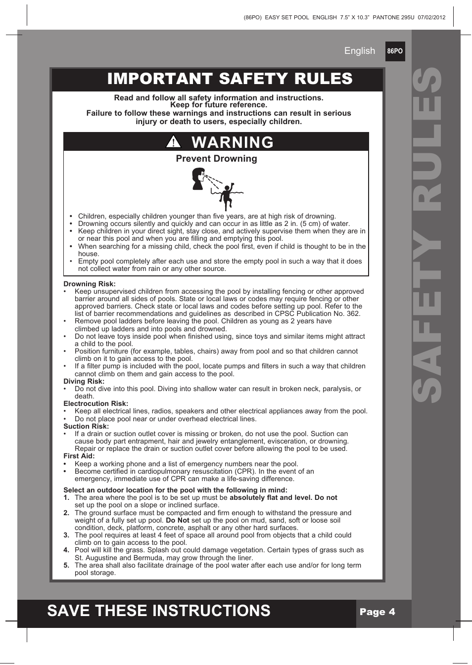 Safety rules, S ave these instructions, Important safety rules | Warning | Intex 12 FT X 30 IN EASY SET POOL 2013 User Manual | Page 4 / 15