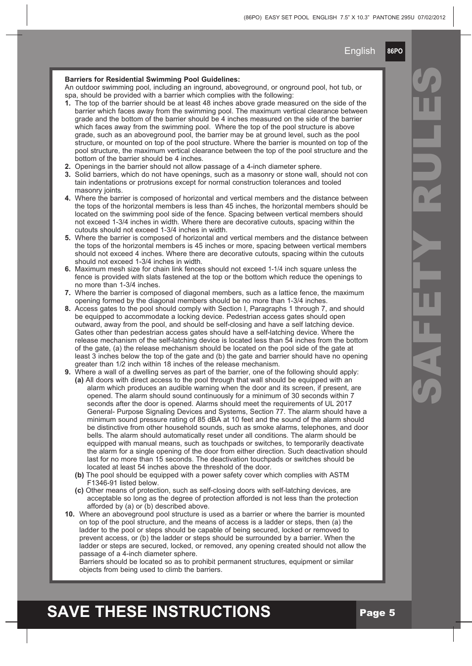 Safety rules, S ave these instructions | Intex 12 FT X 30 IN EASY SET POOL 2013 User Manual | Page 5 / 15