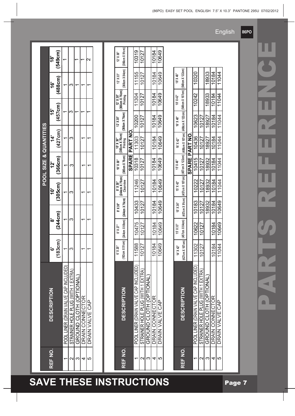 Parts reference, S ave these instructions, Page 7 english | Intex 12 FT X 30 IN EASY SET POOL 2013 User Manual | Page 7 / 15