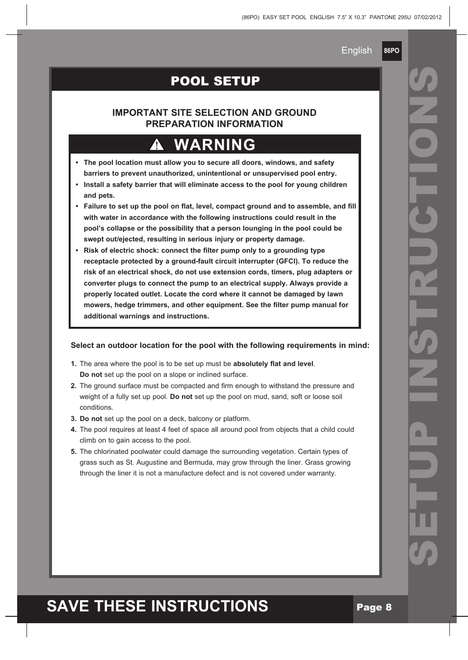 Setup instructions, S ave these instructions, Warning | Intex 12 FT X 30 IN EASY SET POOL 2013 User Manual | Page 8 / 15