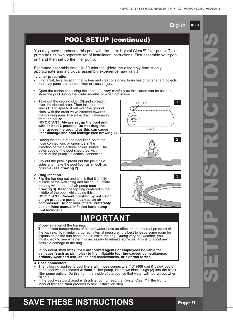 Setup instructions, S ave these instructions, Important | Pool setup (continued) | Intex 12 FT X 30 IN EASY SET POOL 2013 User Manual | Page 9 / 15